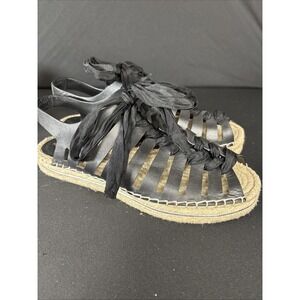 Womens Rebecca Minkoff Leather Gemma Lace-Up Espadrille Sandals Black Size 7